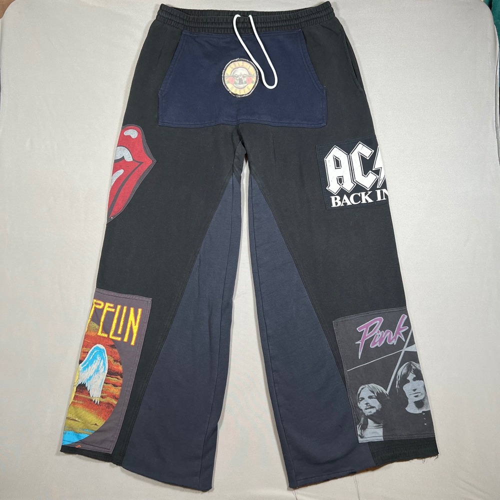 Custom Rework Rock Band Patchwork Sweatpants Mens XL Wide Leg Pink Floyd AC/DC